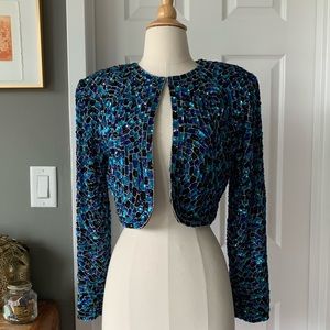 Vintage blue sequin embellished crop blazer. Retro 90s feel with shoulder pads